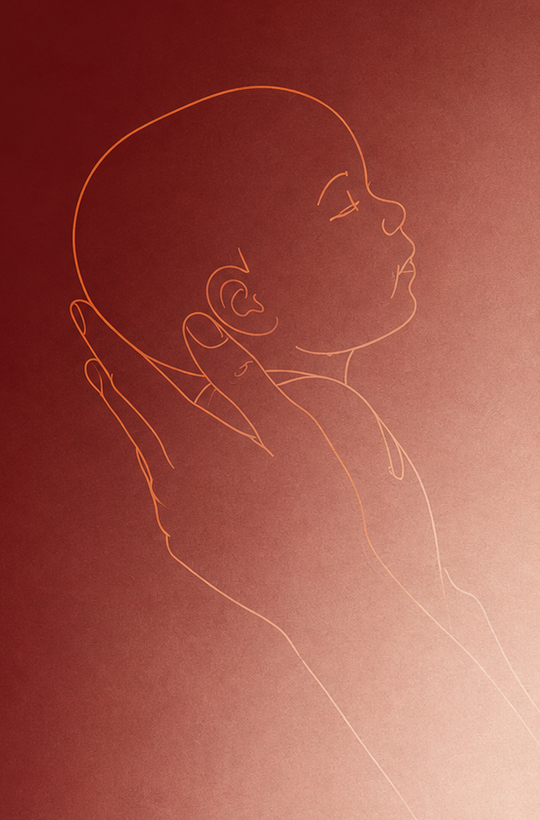Ilustração de mãos acolhendo a cabeça de um bebê, representando o cuidado osteopático pediátrico