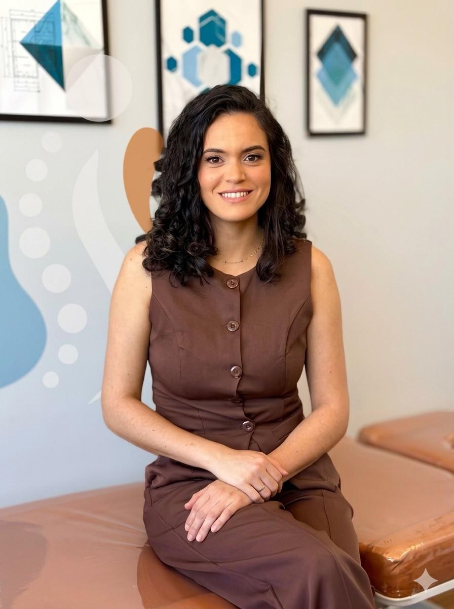 Ioni Cardoso, osteopata pediátrica e adulta, sorrindo em seu consultório